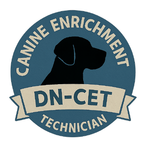 Circular blue badge that says Canine Enrichment Technician with beige banner that says DNCET on it with a back dog in the middle Medium quality 11 square small size for logo section-1