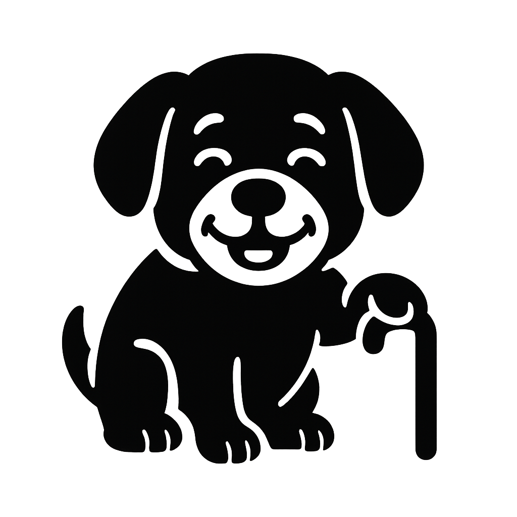 Happy Old dog black icon with cane